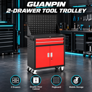 GUANPIN red and black two drawer tool trolley with double-door cabinet and pegboard - product visualization