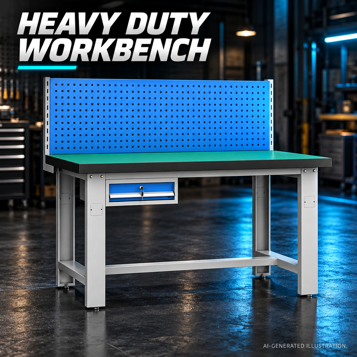 Heavy Duty Workbench with blue back panel and hanging drawer – product illustration
