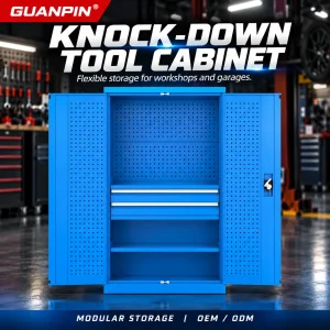 GUANPIN blue knock-down tool cabinet with two drawers, pegboard and open doors