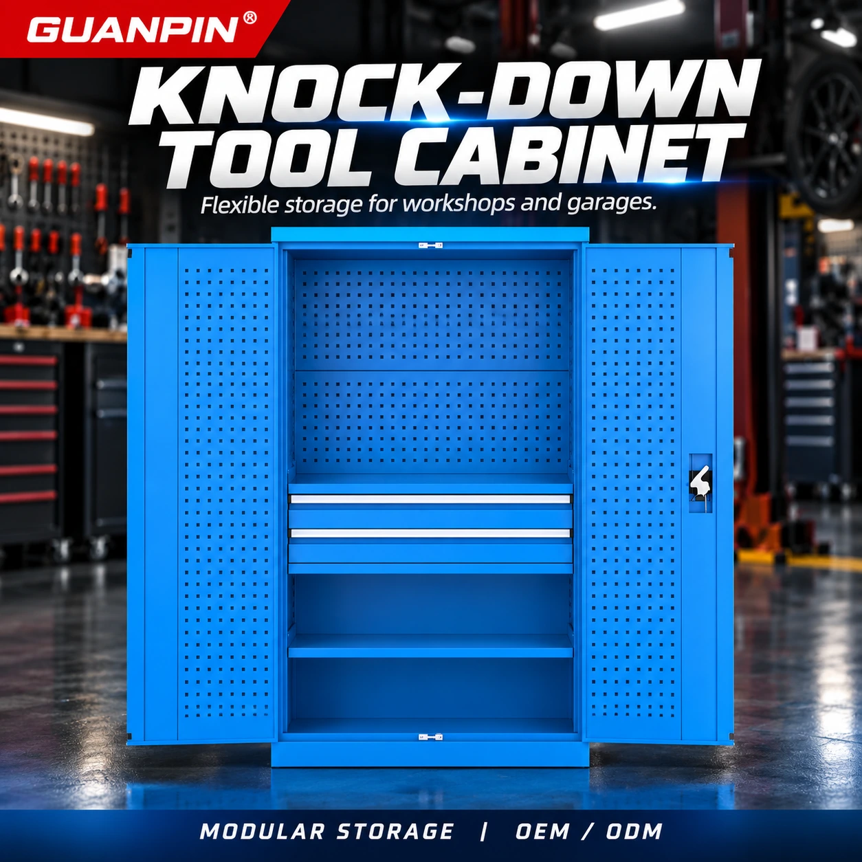 GUANPIN blue knock-down tool cabinet with two drawers, pegboard and open doors