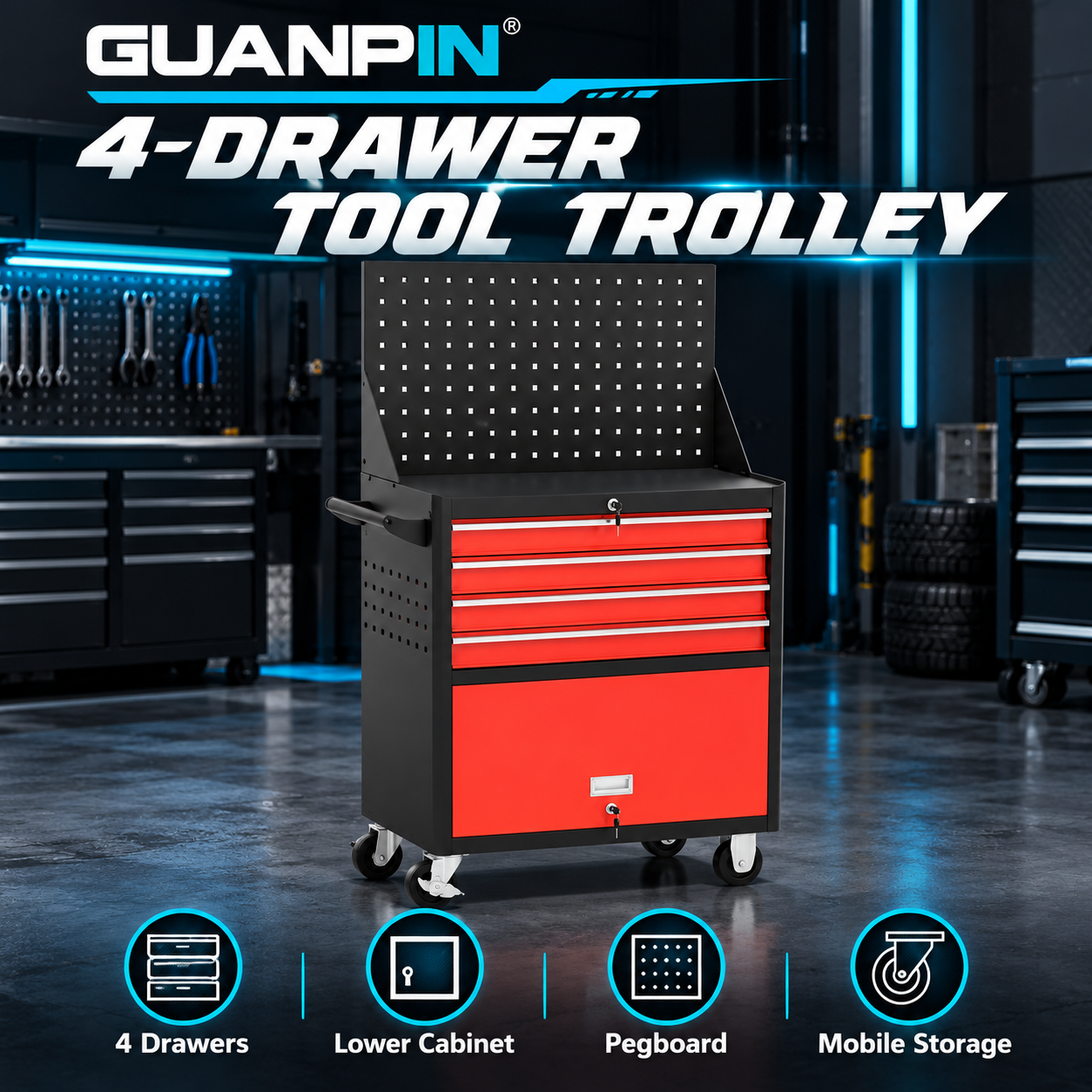 GUANPIN four drawer tool trolley with lower cabinet and pegboard - product visualization