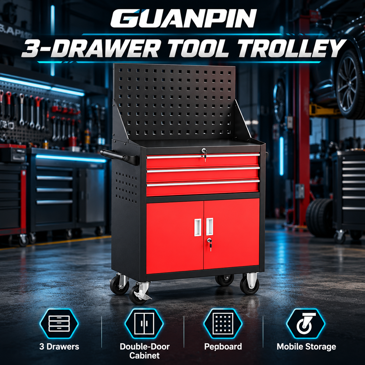 GUANPIN three drawer tool trolley with double door cabinet and pegboard - product visualization