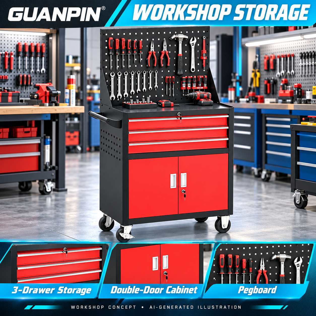 Three Drawer Steel Tool Trolley - Image 5