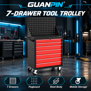 GUANPIN seven drawer red and black tool trolley with pegboard - product visualization