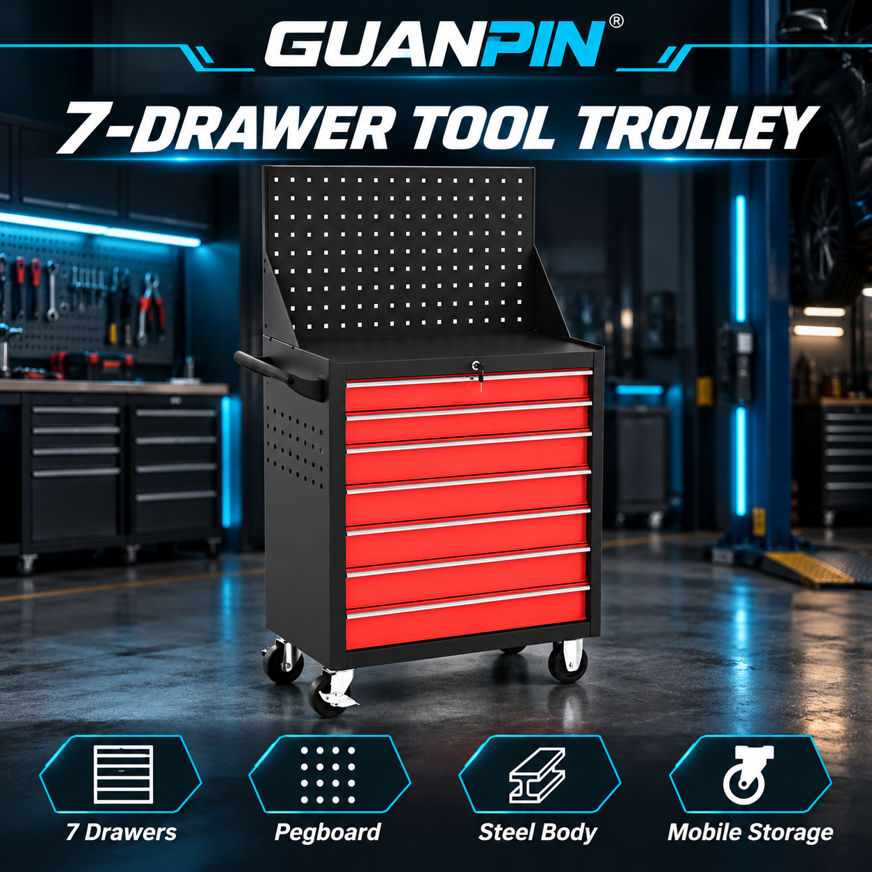GUANPIN seven drawer red and black tool trolley with pegboard - product visualization