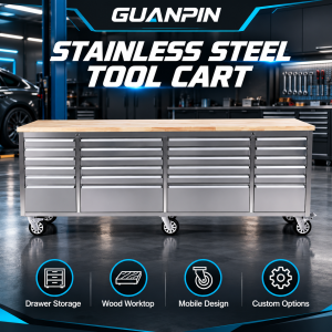GUANPIN stainless steel tool cart with wood worktop - product visualization