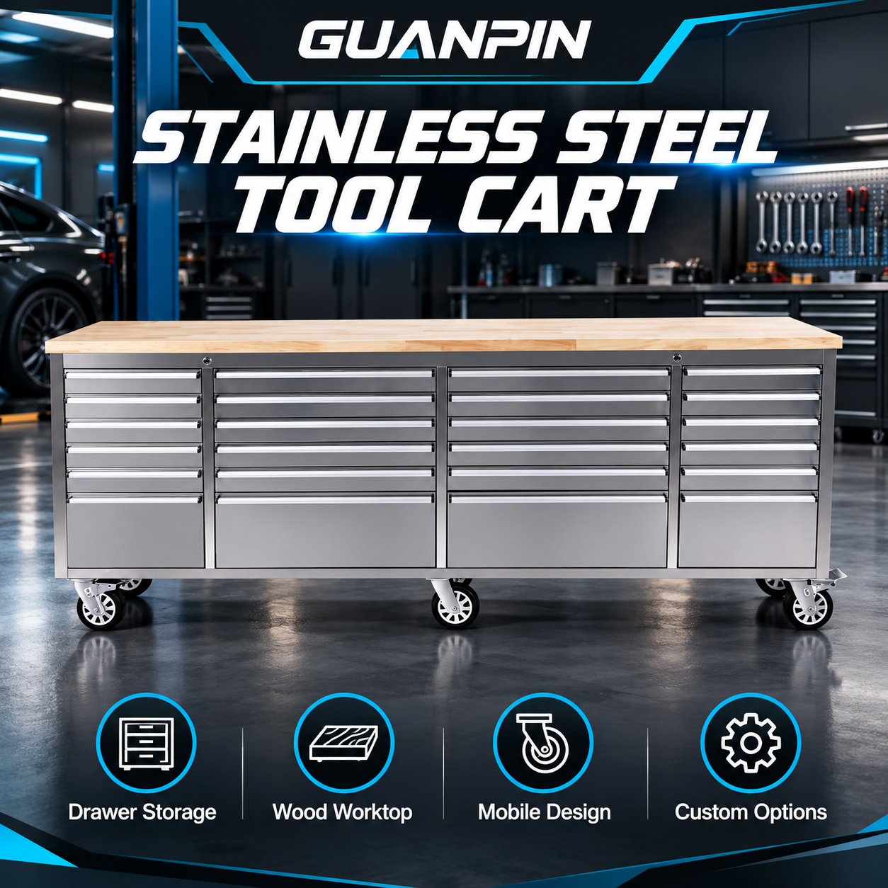 GUANPIN stainless steel tool cart with wood worktop - product visualization