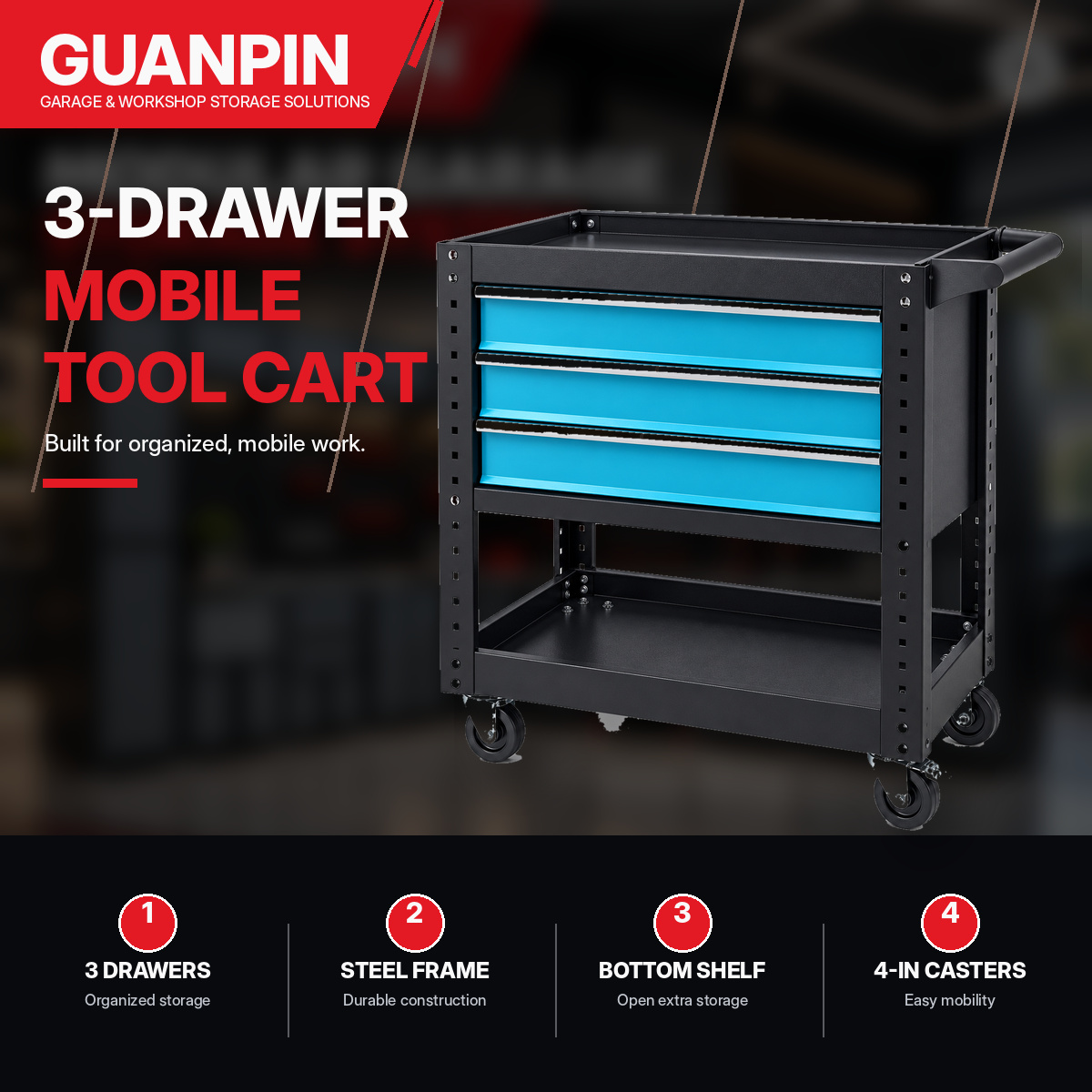 Three-Drawer Tool Cart with Cabinet