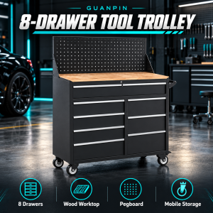 GUANPIN eight drawer black tool trolley with wood worktop and pegboard in workshop - product visualization