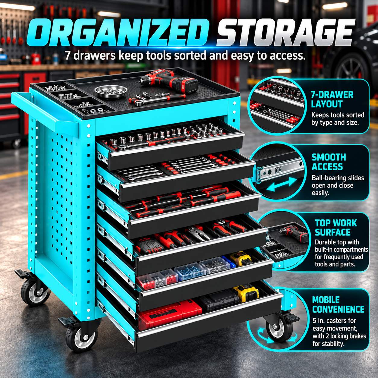 Heavy-Duty 7-Drawer Mobile Tool Cart - Image 3