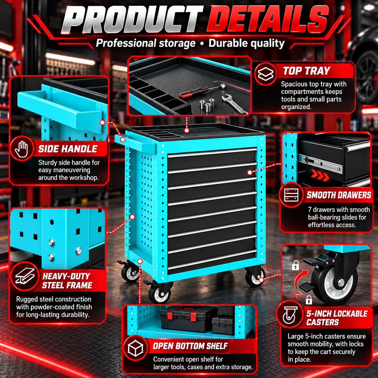 Heavy-Duty 7-Drawer Mobile Tool Cart - Image 7