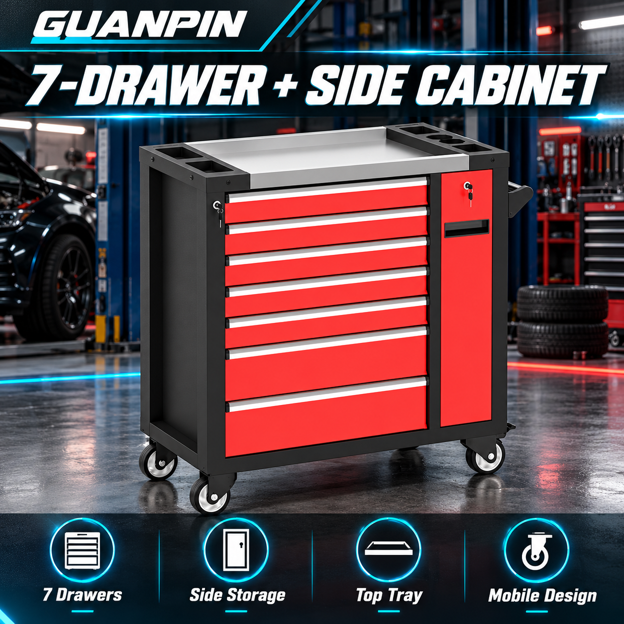 GUANPIN red and black seven drawer tool trolley with side cabinet - product visualization