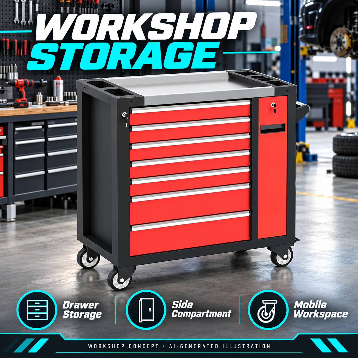 Seven &Side Drawer Tool Trolley - Image 6