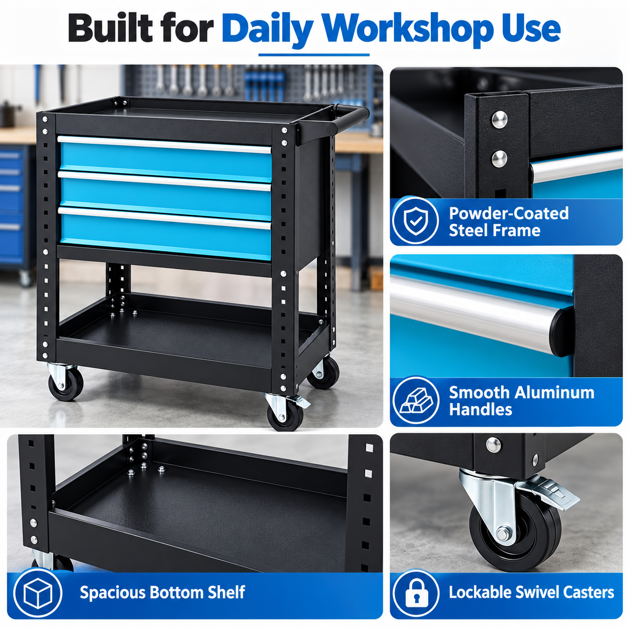Three-Drawer Tool Cart with Cabinet - Image 2