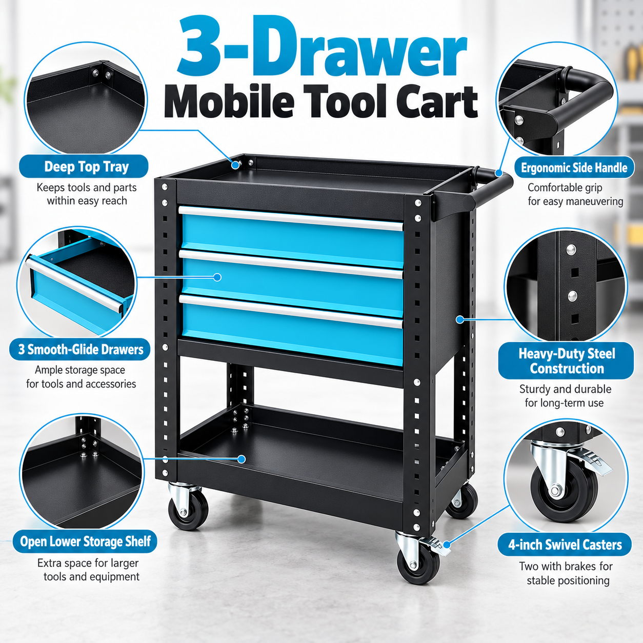 Three-Drawer Tool Cart with Cabinet - Image 3