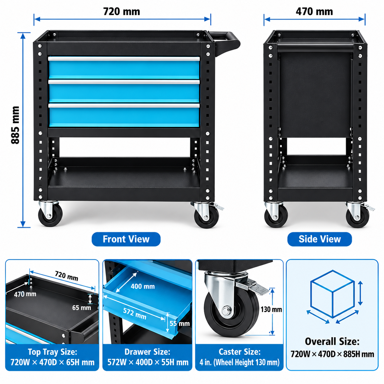 Three-Drawer Tool Cart with Cabinet - Image 4