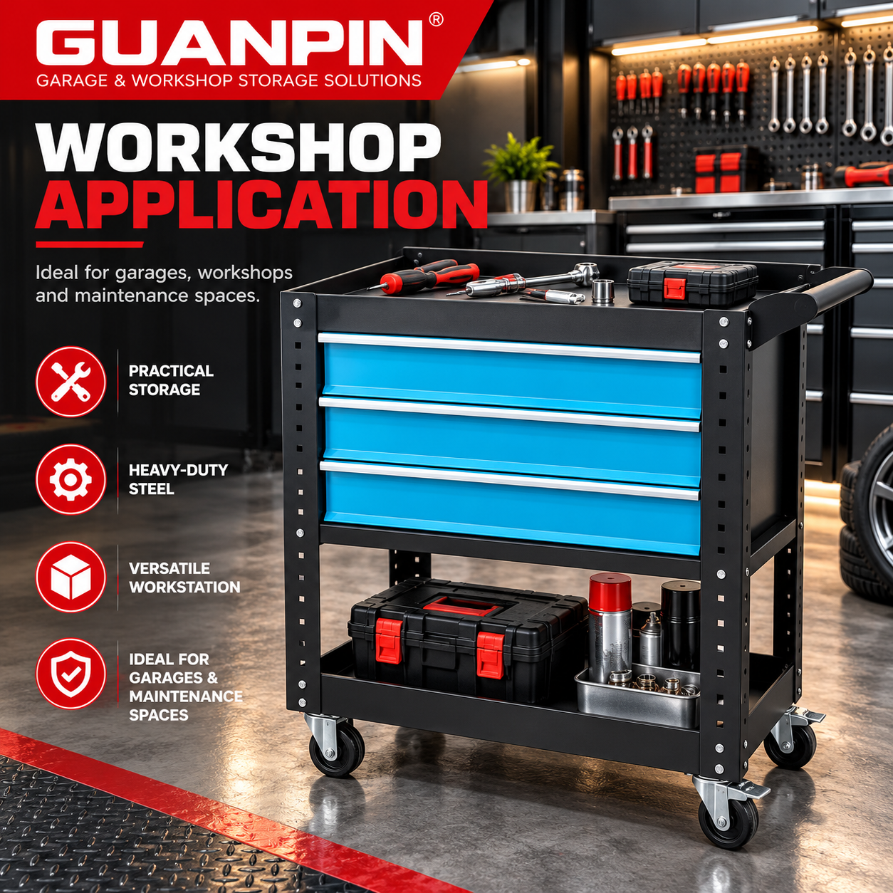 Three-Drawer Tool Cart with Cabinet - Image 7