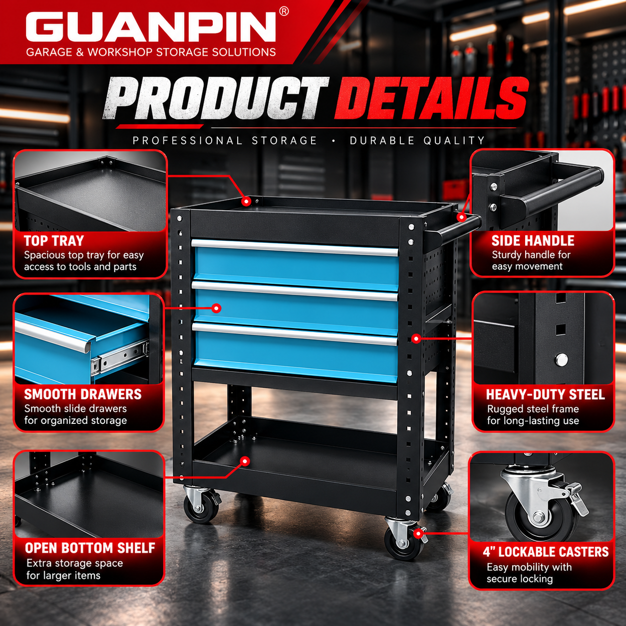 Three-Drawer Tool Cart with Cabinet - Image 5