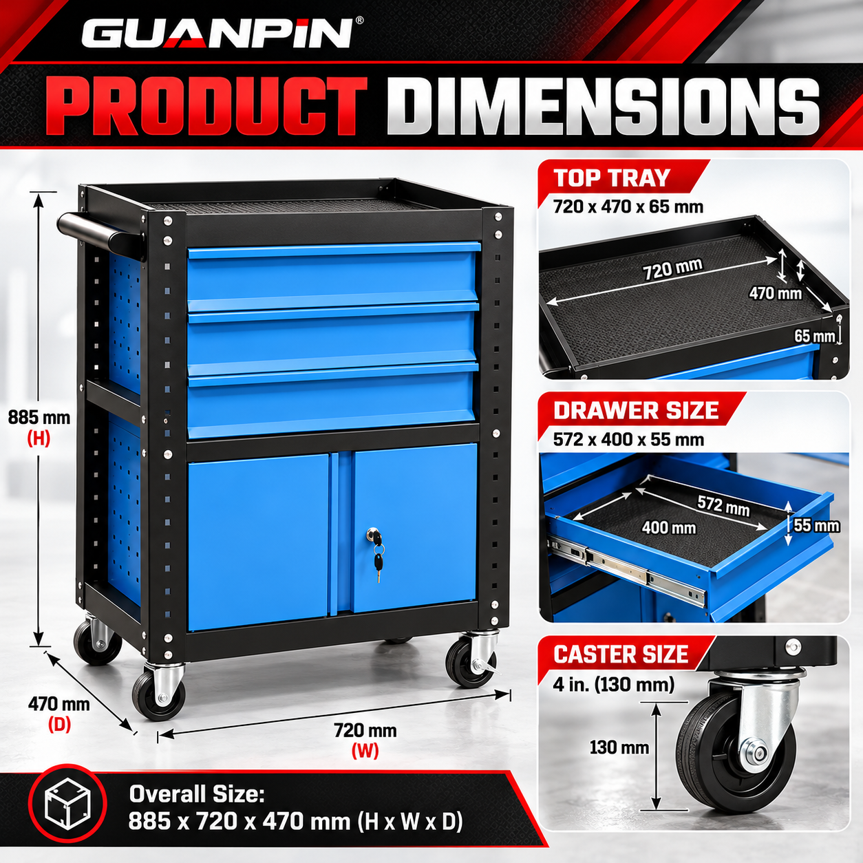 Heavy-Duty 3-Drawer Rolling Tool Cart with Lockable Cabinet - Image 2