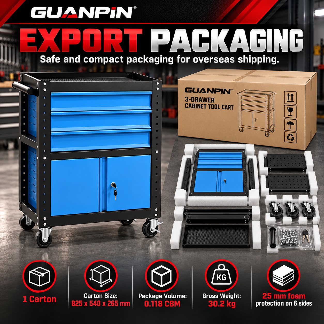 Heavy-Duty 3-Drawer Rolling Tool Cart with Lockable Cabinet - Image 7