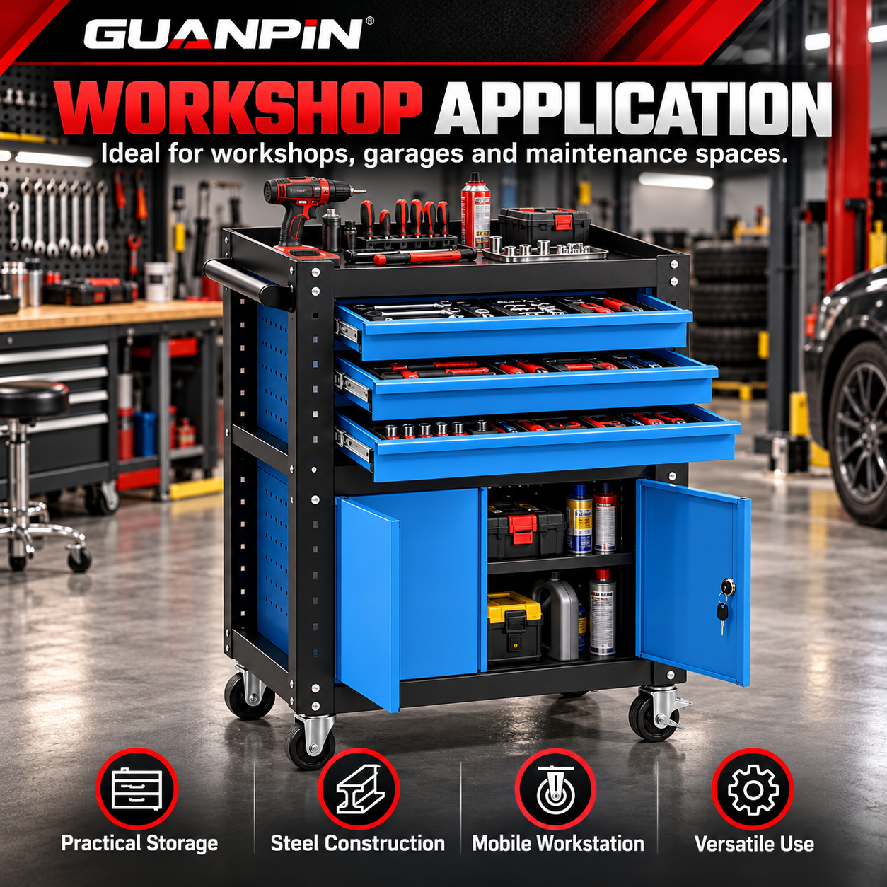 Heavy-Duty 3-Drawer Rolling Tool Cart with Lockable Cabinet - Image 3