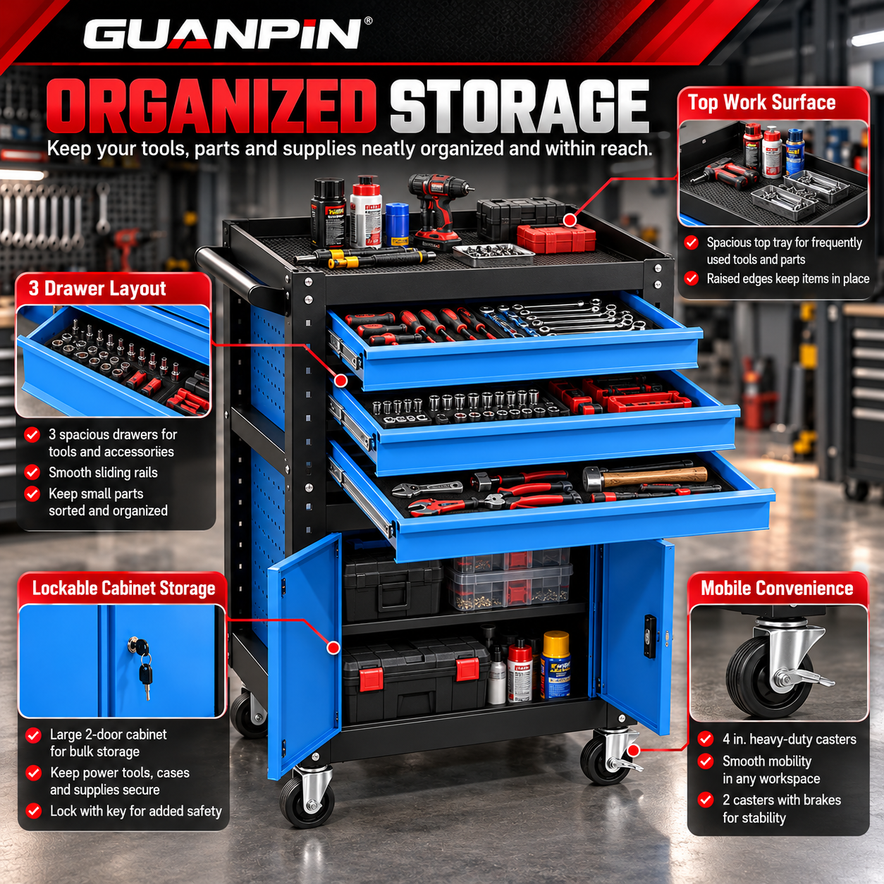 Heavy-Duty 3-Drawer Rolling Tool Cart with Lockable Cabinet - Image 5