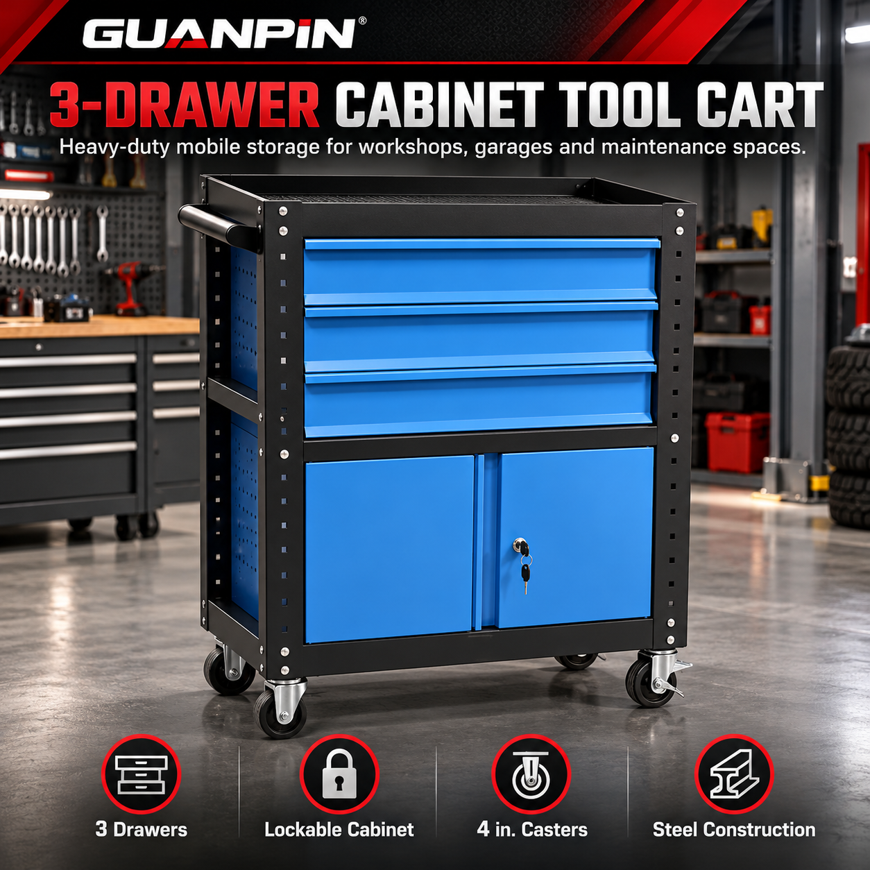 Heavy-Duty 3-Drawer Rolling Tool Cart with Lockable Cabinet