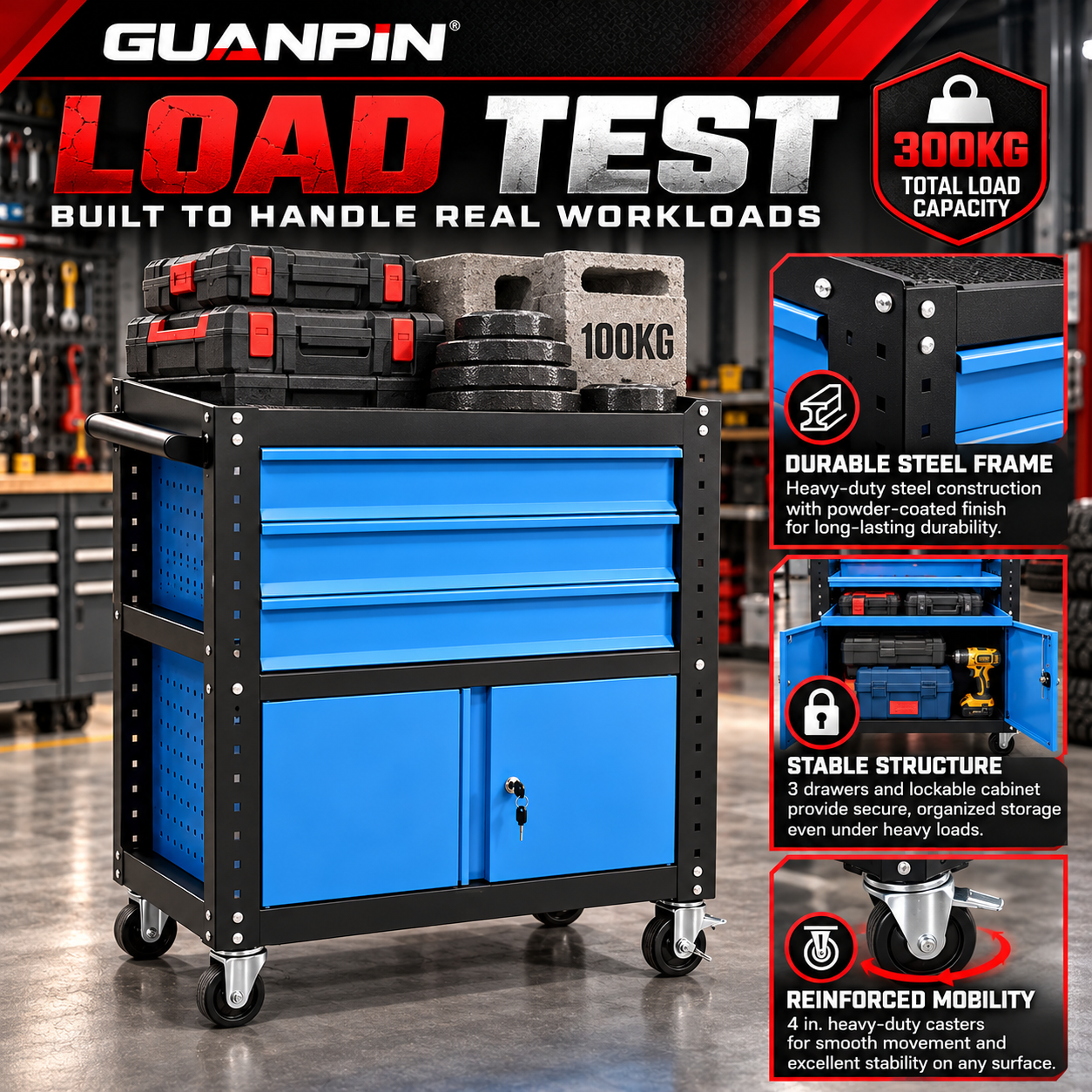 Heavy-Duty 3-Drawer Rolling Tool Cart with Lockable Cabinet - Image 6